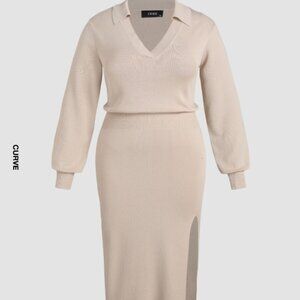 Collar Split Solid Knit Dress Curve & Plus